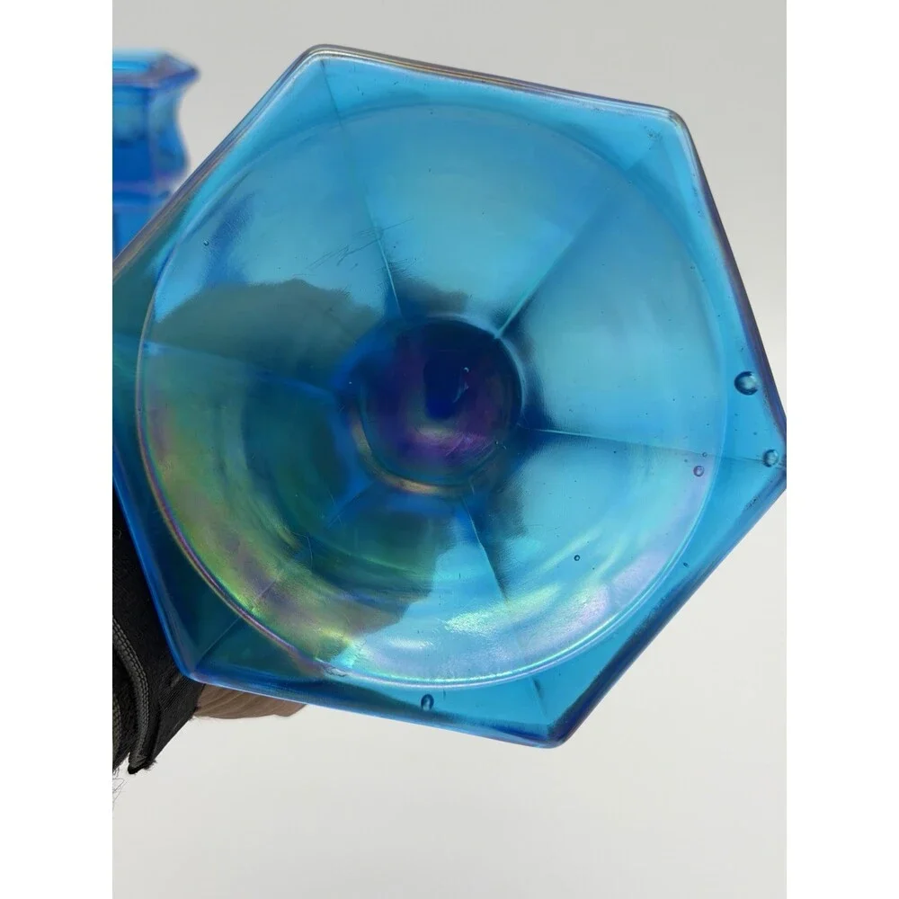 Fenton Florentine Celeste Blue Iridescent Carnival Art Glass Candle Sticks